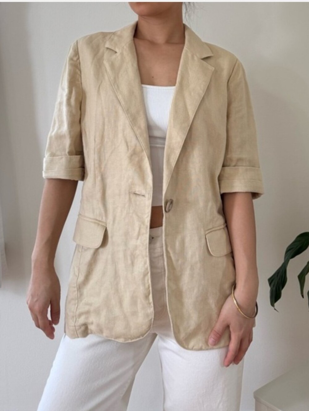 CAbi Linen Safari Blazer Short Sleeve Ruffle Back Single Button Pockets